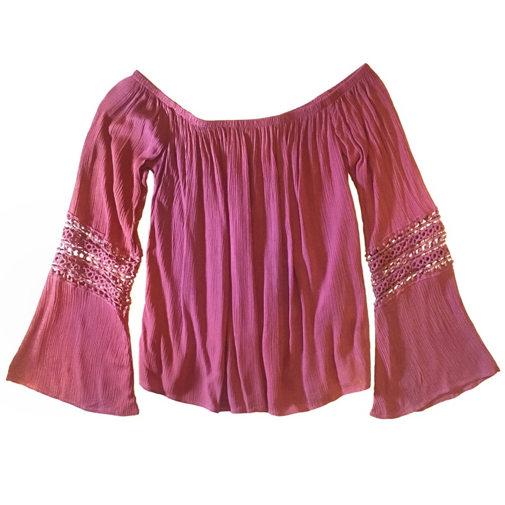 Pink Long Sleeve Crochet-Trimmed Bell Sleeve Off-The-Shoulder Top -M-